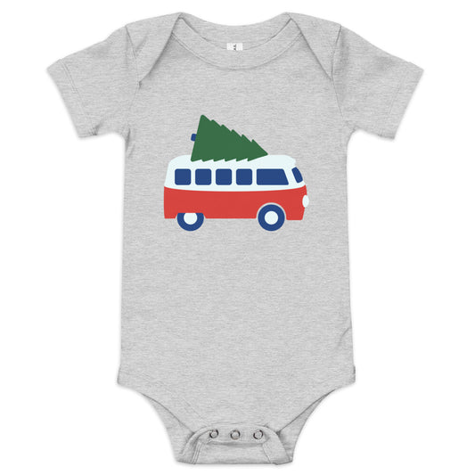 Baby short sleeve one piece featuring a retro camper van carrying a Christmas Tree