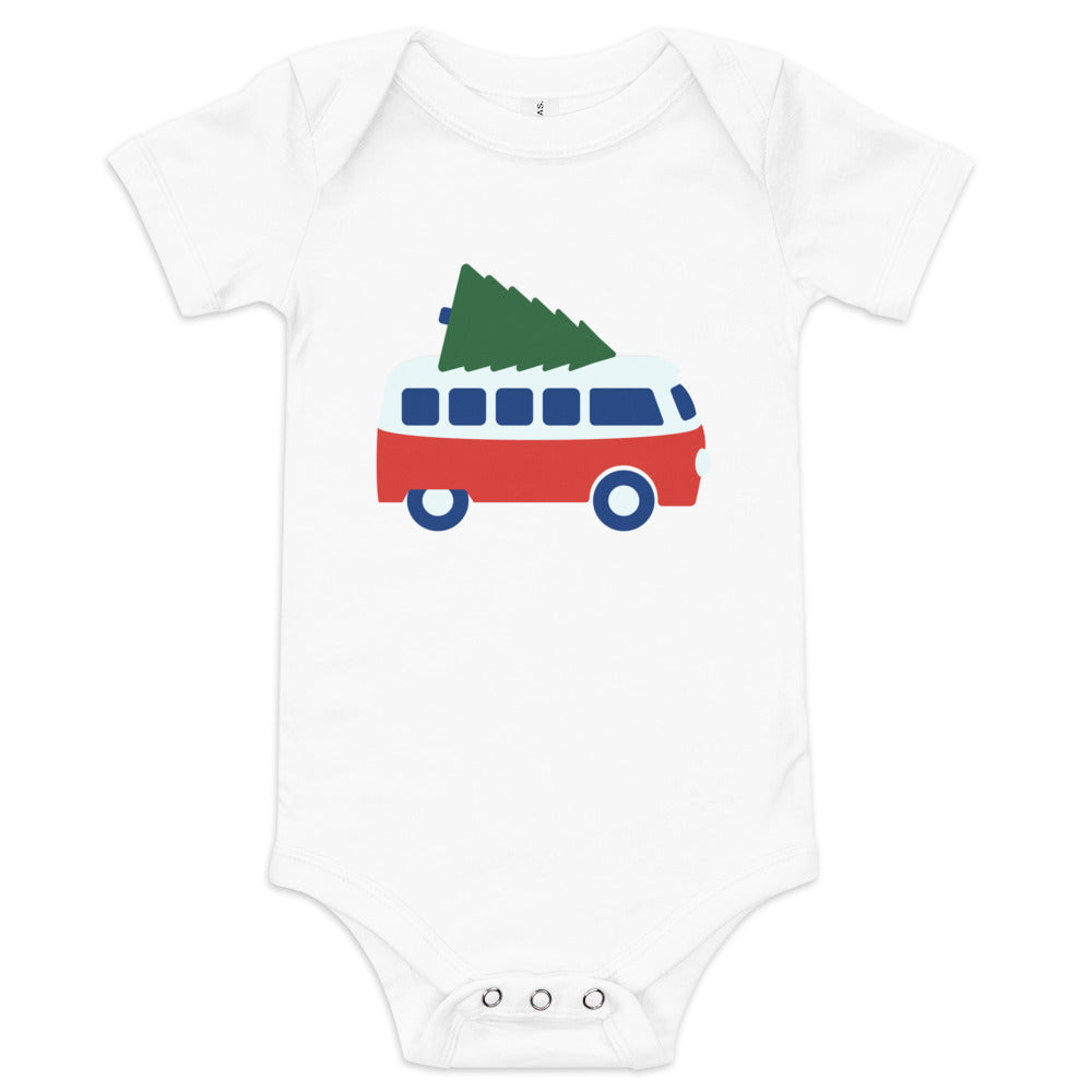 Baby short sleeve one piece featuring a retro camper van carrying a Christmas Tree