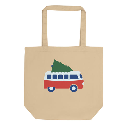 Eco Tote Bag featuring a retro camper van carrying a Christmas Tree