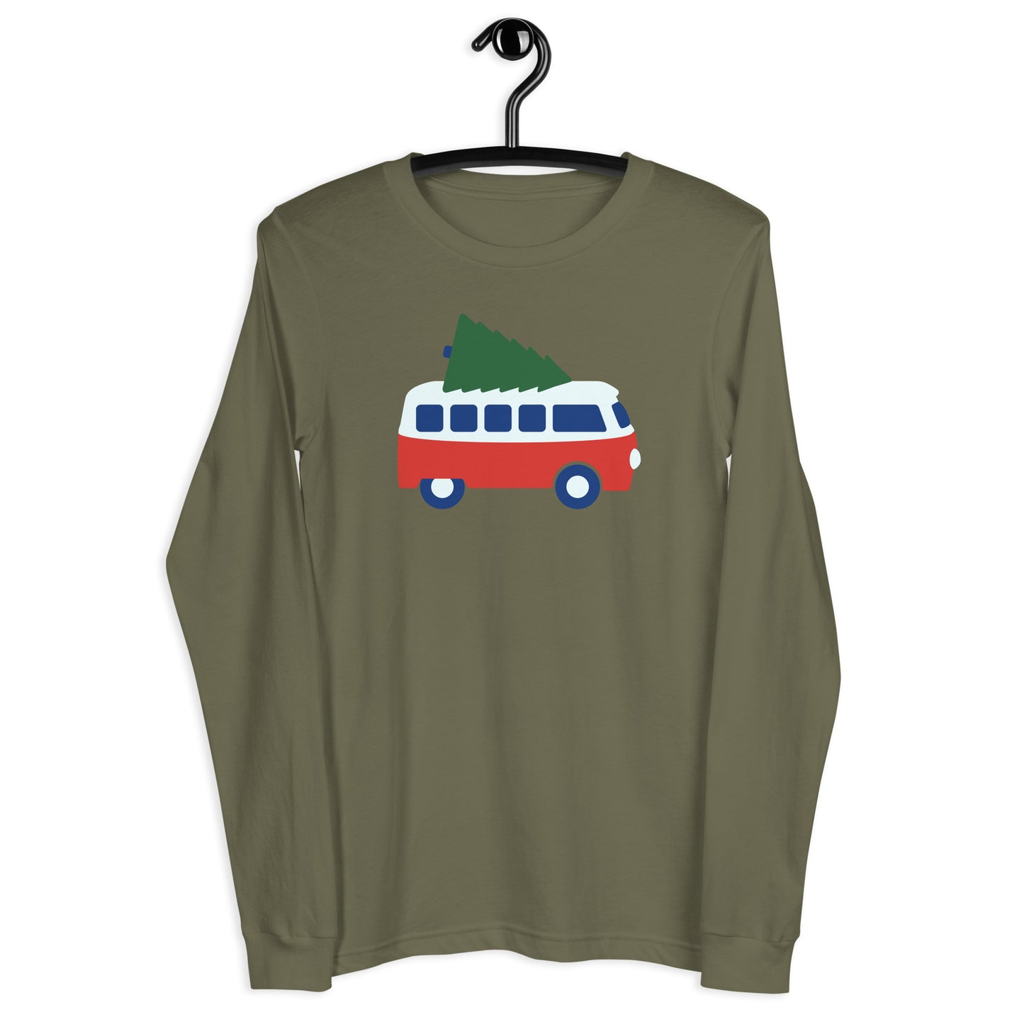 Unisex Long Sleeve Tee featuring a retro camper van carrying a Christmas Tree