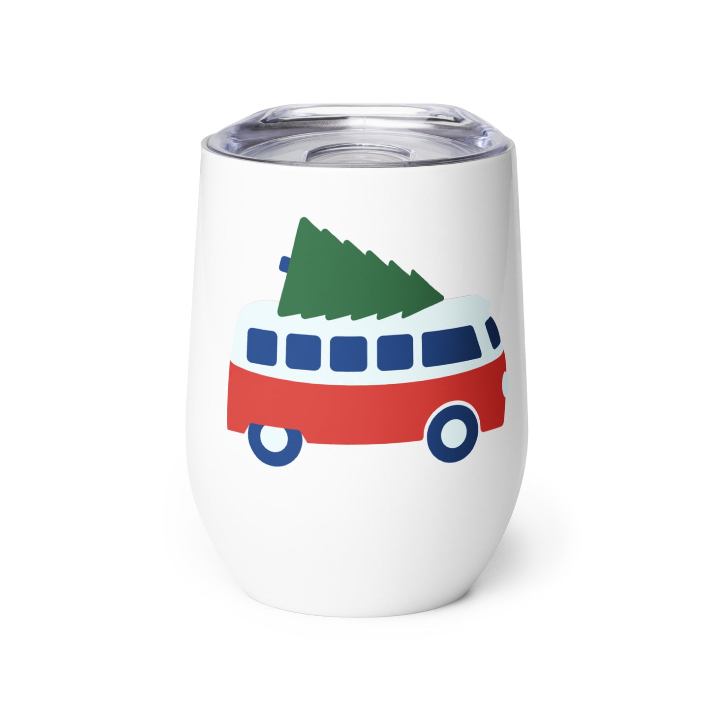 Wine tumbler with retro camper van carrying a Christmas Tree