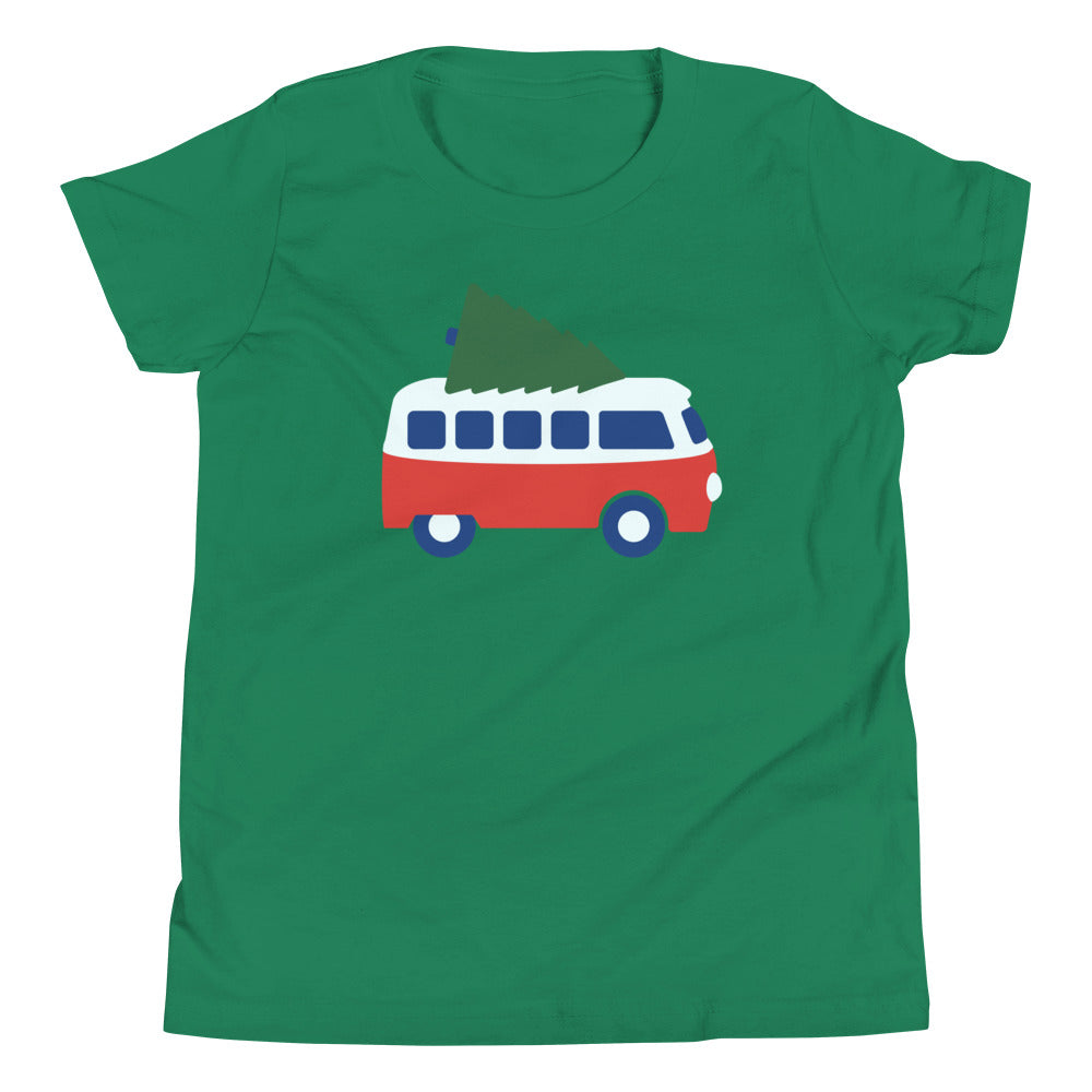 Youth Short Sleeve T-Shirt With Retro Camper Van Carrying a Christmas Tree