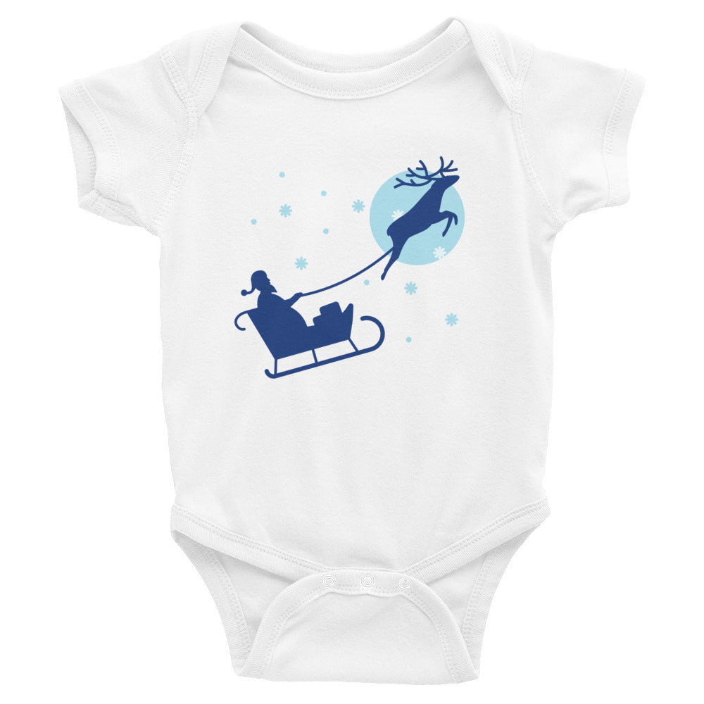 Infant Bodysuit featuring Santa and raindeer in flight