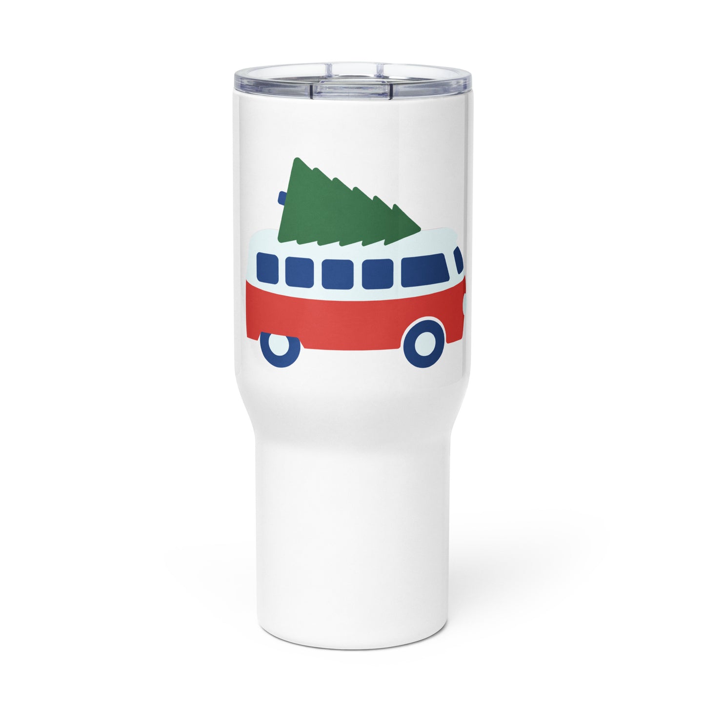 Travel mug with a handle featuring a retro camper van carrying a Christmass Tree