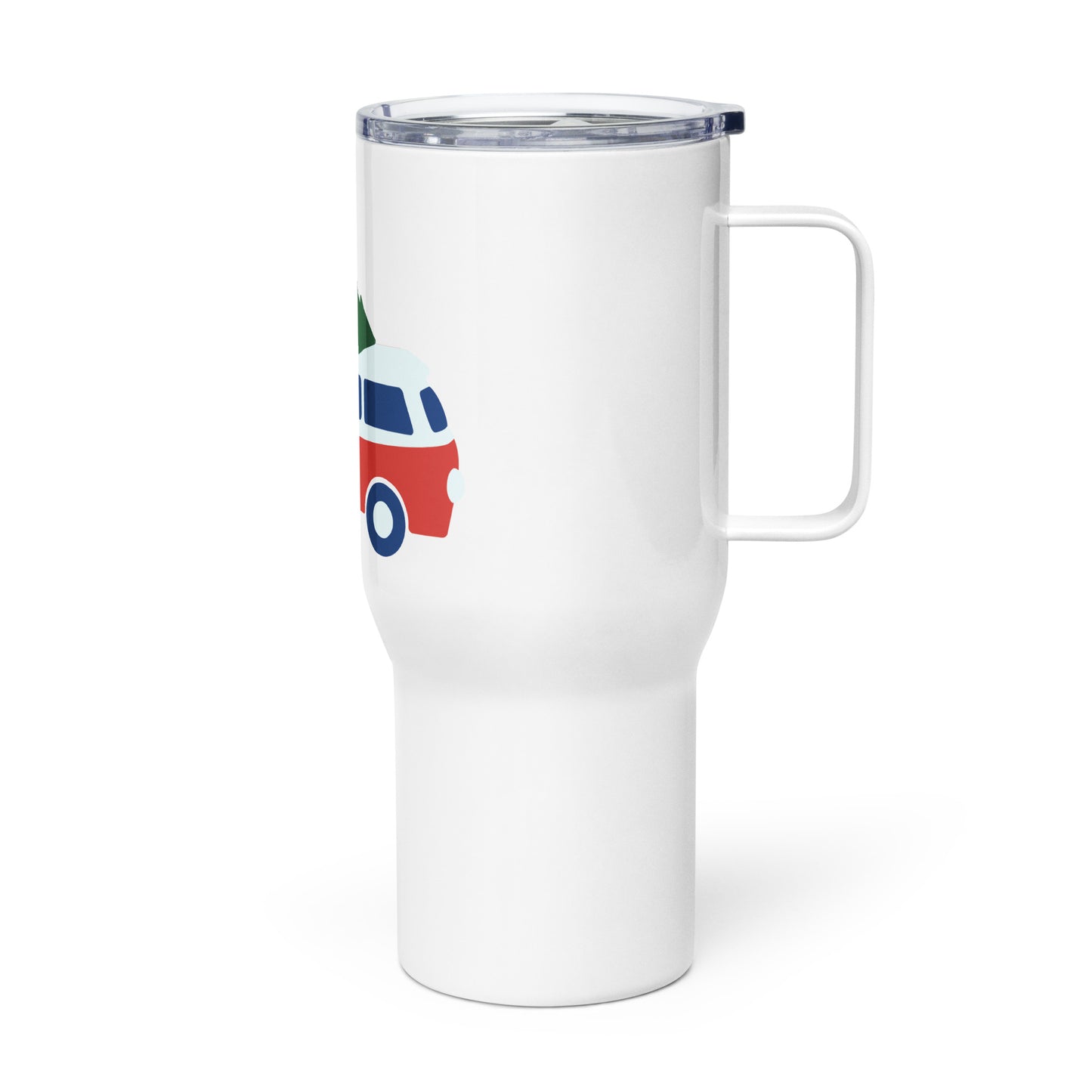 Travel mug with a handle featuring a retro camper van carrying a Christmass Tree