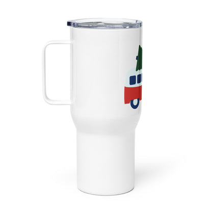 Travel mug with a handle featuring a retro camper van carrying a Christmass Tree