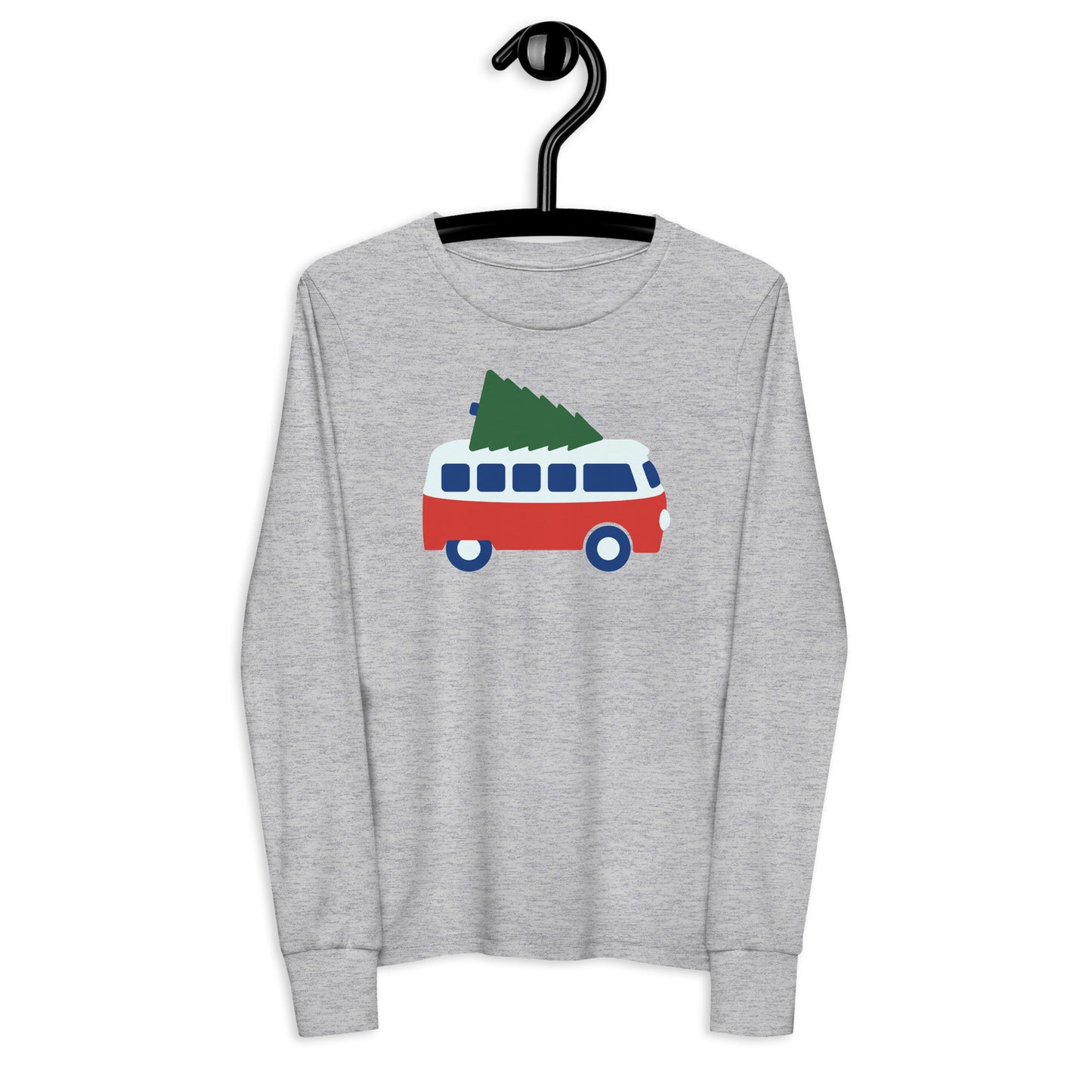 Youth long sleeve tee featuring a retro camper van carrying a Christmas Tree